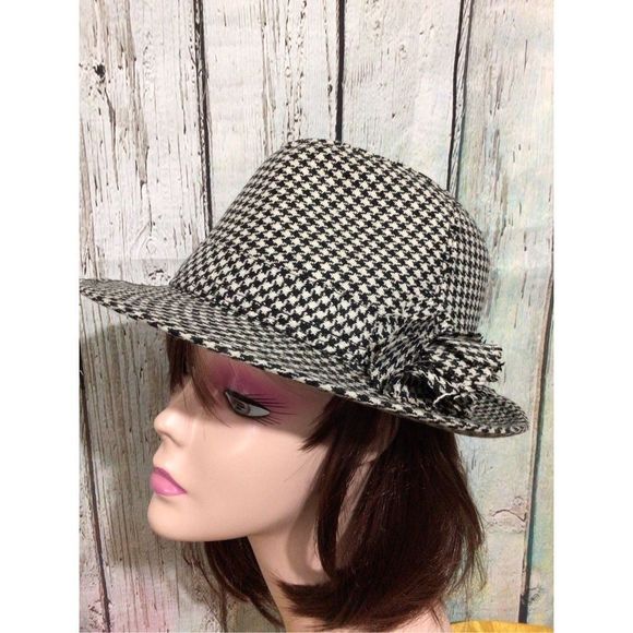 NEW Houndstooth Fedora Trilby Wool Blend Hat Flower Accent Side One Size 🧸 - Picture 6 of 13